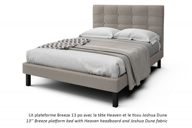 Lit plateforme Breeze avec notre tête de lit rembourrée Heaven et le tissu Joshua Dune / Breeze platform with Heaven Headboard and Joshua Dune fabric