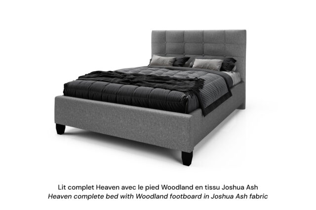 Base de lit rembourrée Heaven avec un pied Woodland en tissu gris