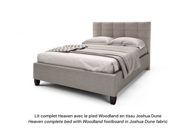 Base de lit rembourrée Heaven avec un pied Woodland en tissu beige
