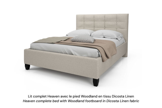 Base de lit rembourrée Heaven avec un pied Woodland en tissu beige pâle