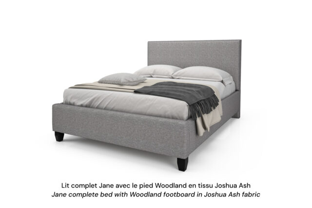 Base de lit rembourrée Jane avec pied Woodland en tissu gris