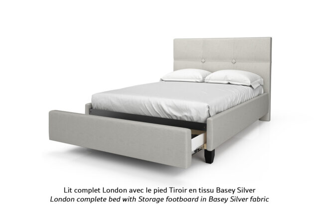 Base de lit rembourrée London avec un pied Woodland en tissu gris foncé
