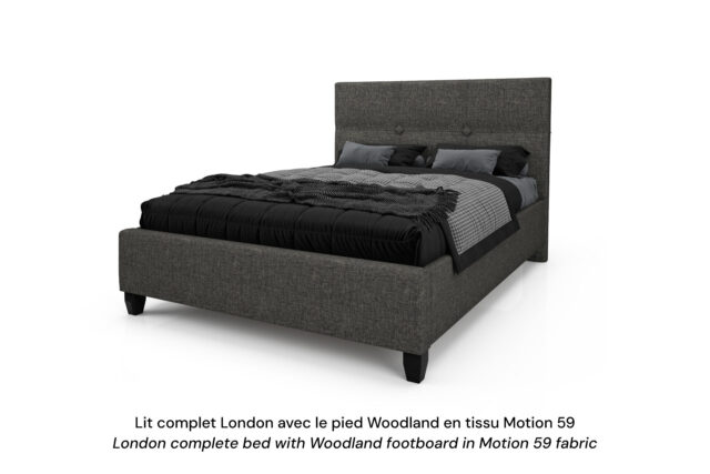 Base de lit rembourrée London avec un pied Woodland en tissu gris foncé