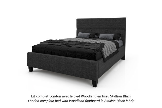 Base de lit rembourrée London avec un pied Woodland en tissu noir