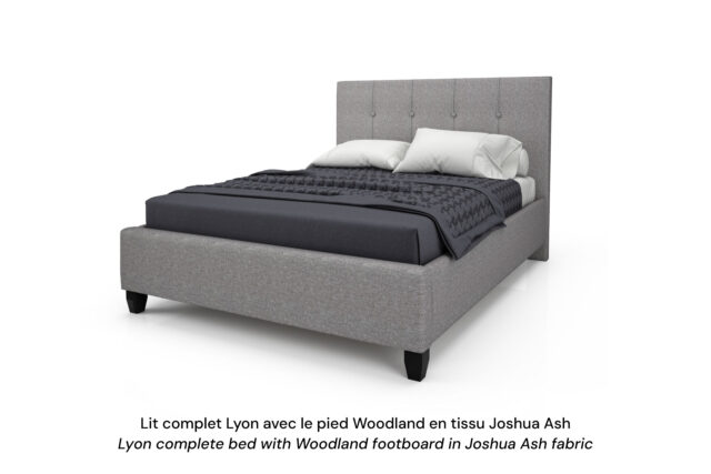 Base de lit rembourrée Lyon avec un pied Woodland en tissu gris