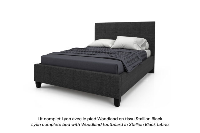 Base de lit rembourrée Lyon avec un pied Woodland en tissu noir
