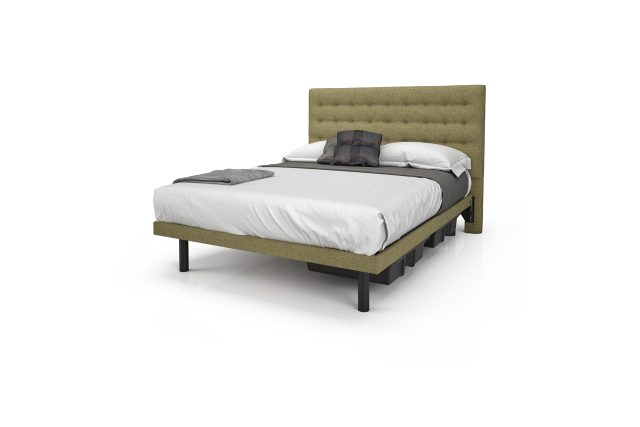 Liverpool upholstered headboard with Reflexx platform bed frame in greenish fabric