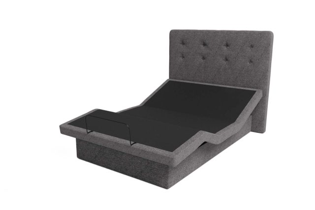 Dawn House Queen size adjustable bed without a mattress and in dark gray fabric.