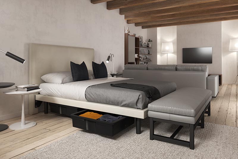 Lit plateforme Reflexx dans une chambre avec des tiroirs de rangement