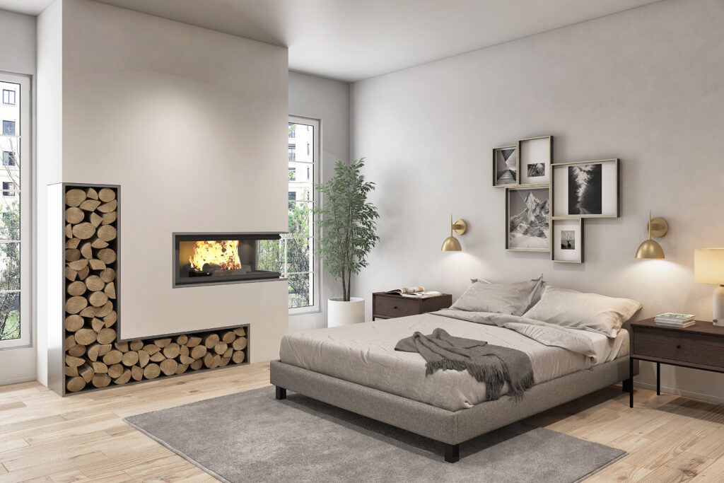 Plateforme de lit rembourrée basse dans une chambre avec un foyer